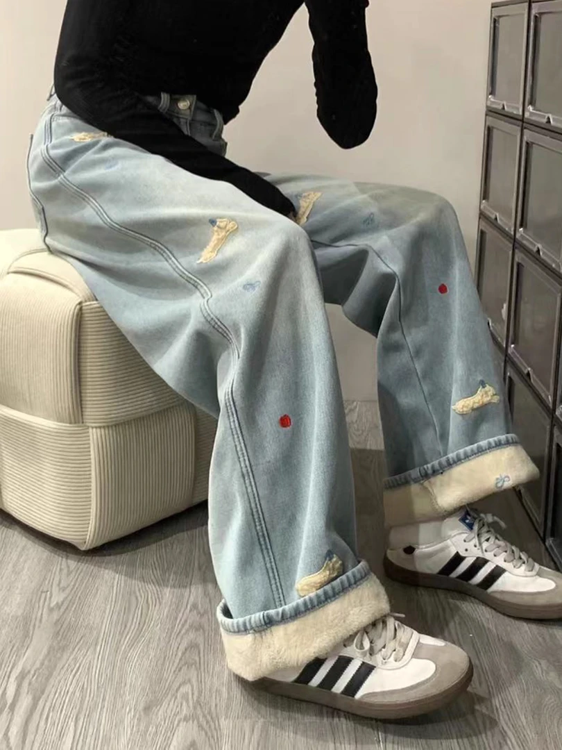 腊肠狗刺绣牛仔裤女秋冬加绒加厚2025新款宽松bf慵懒风直筒阔腿裤