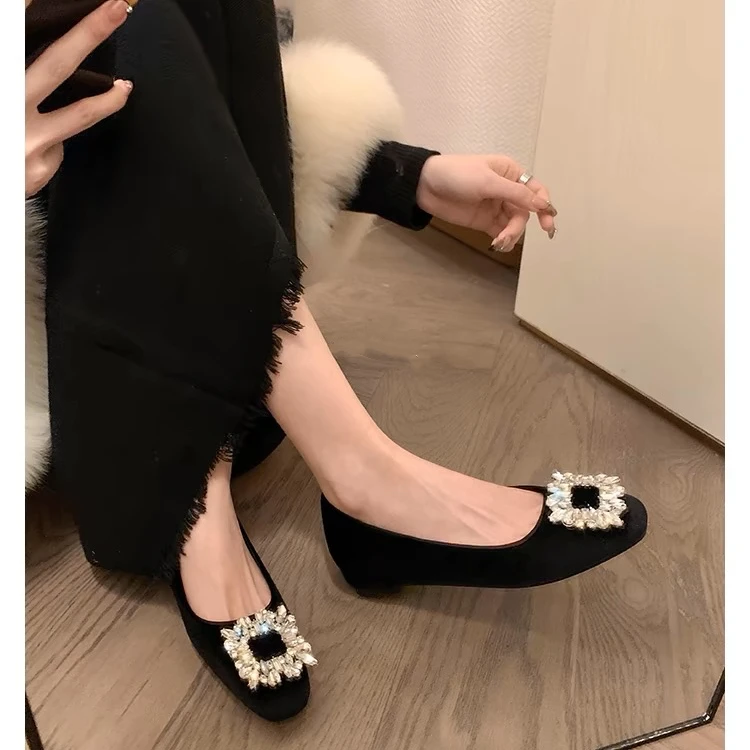 超软秋冬两种内里~保暖显脚瘦方头钻扣粗跟平跟工作百搭浅口单鞋