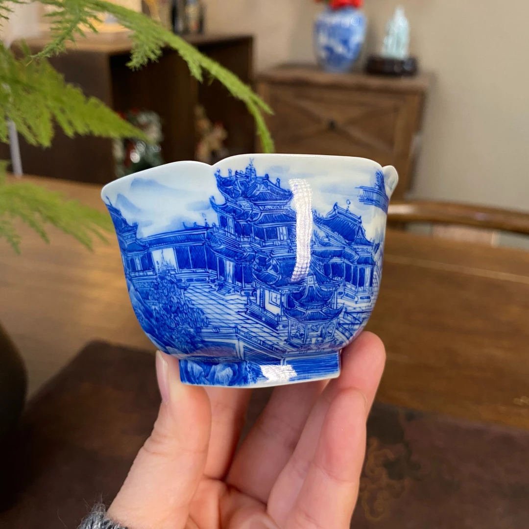 【九茗珍藏】楼阁六方杯 景德镇纯手工手绘茶器茶具