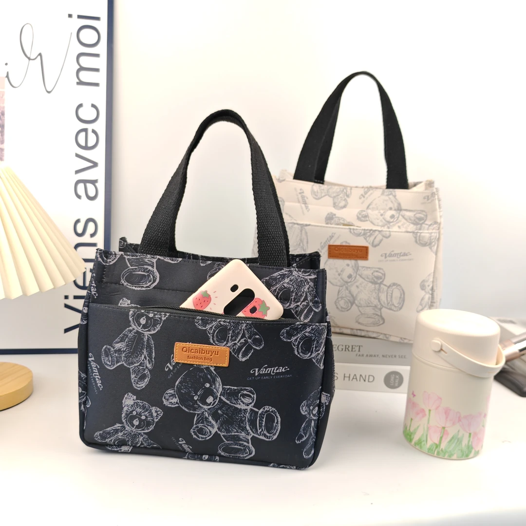 新款防泼水小熊手提包简约便携上班族外出拎包学生百搭饭盒便当包