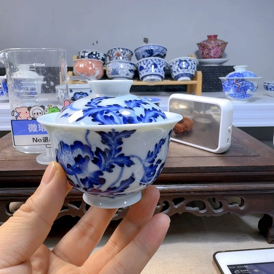 泥塑L**f虞美人盖碗手工手绘微瑕