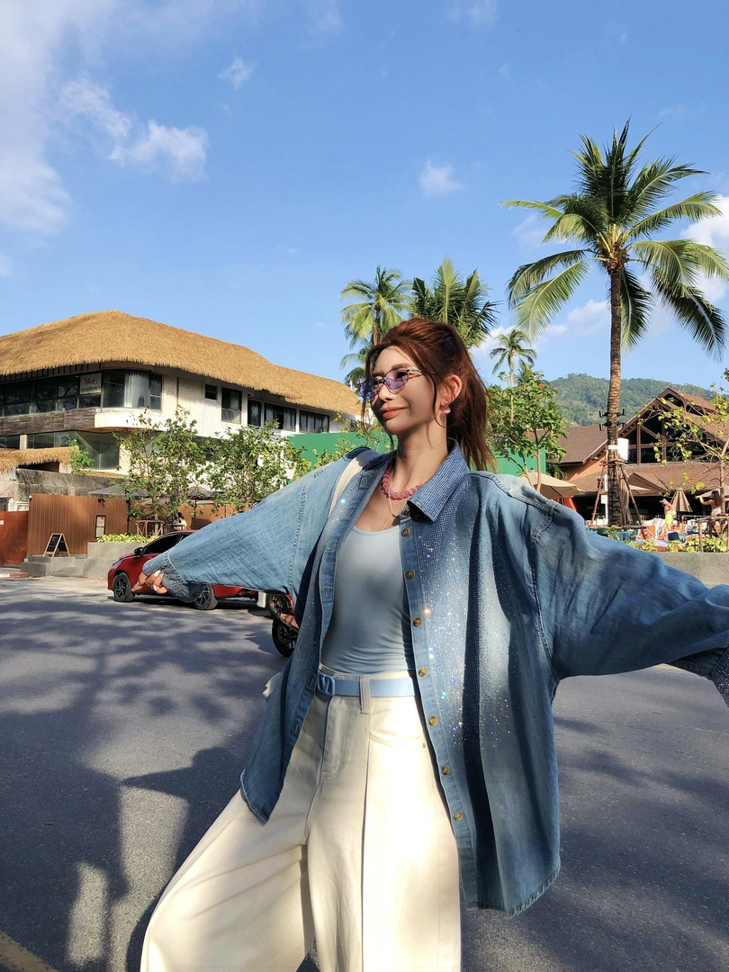 婉君【钻牛仔衬衣】春款美式复古牛仔蓝亮闪衬衫外套LWJ25A1C095