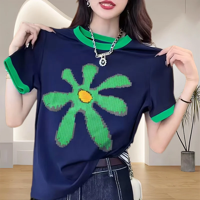 纯棉韩版t恤女款重工印花短袖t恤女新款爆款洋气时尚百搭气质上衣