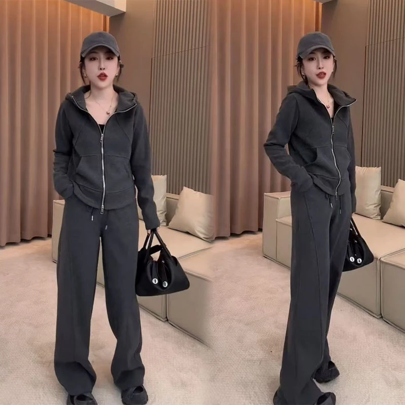休闲显瘦修身运动套装2025秋冬新款加绒连帽外套直筒裤时尚两件套