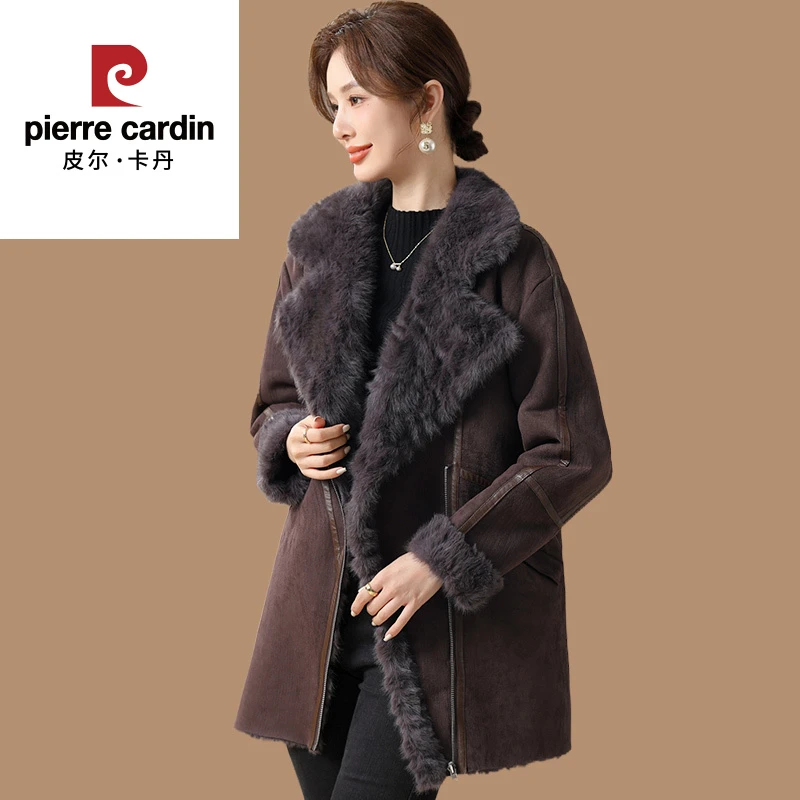 皮尔卡丹妈妈秋冬季洋气皮毛一体外套大衣中老年人女冬装加绒加厚