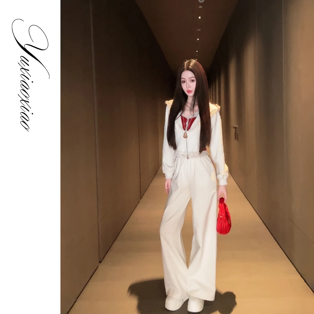 余潇潇【剑桥花语】高含棉双色拼接蕾丝花边连帽卫衣&休闲裤套装女