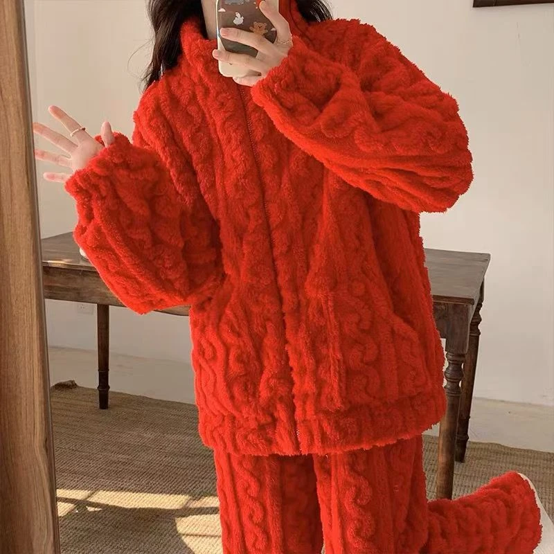 珊瑚绒睡衣冬季亲子2024年新款秋冬加绒拉链可外穿家居服套