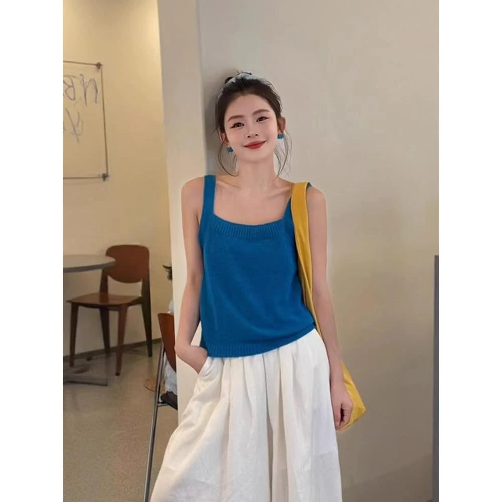 韩系蓝色大领口背心吊带女夏季外穿甜辣修身短款针织无袖美背上衣