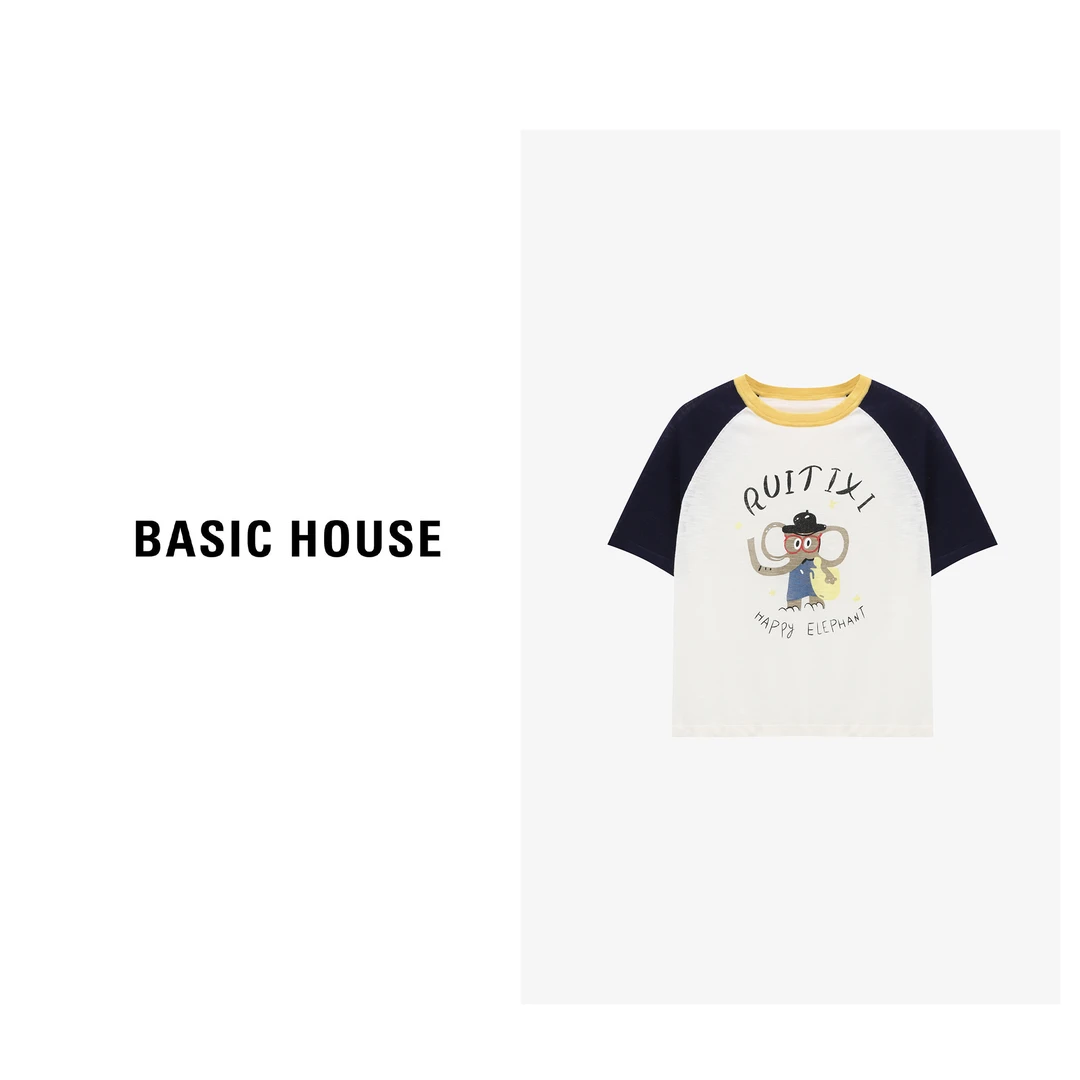 Basic House/百家好夏季凉感百搭卡通撞色短袖针织衫-B0625B5I012