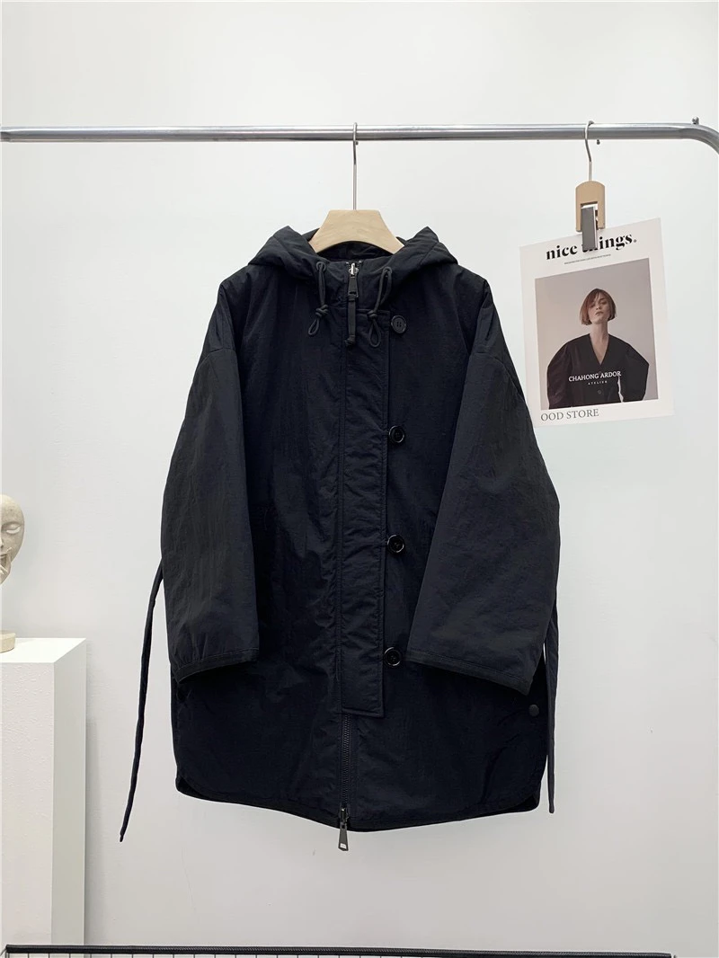 极简极奢的简约风~双面可穿连帽复古波浪格绗缝棉服女外套大衣