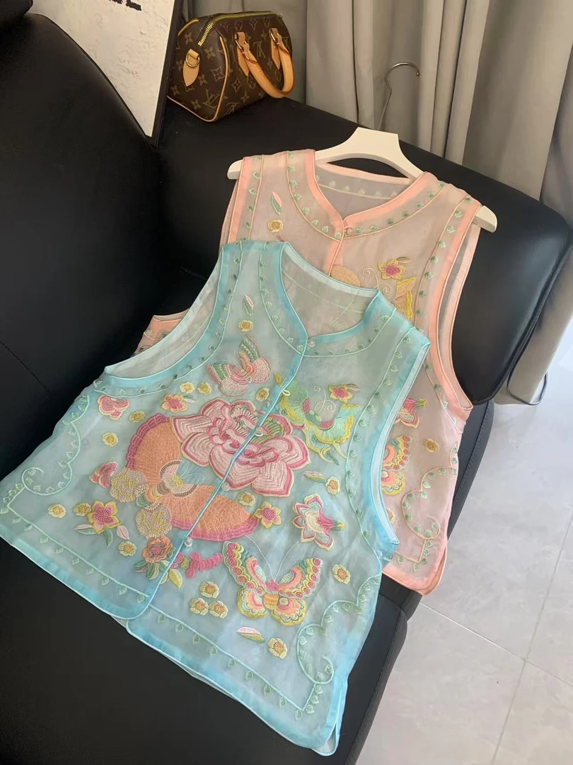 九月 花与蝶 夏季国风植物花卉刺绣/绣花唐装百搭马夹刺绣