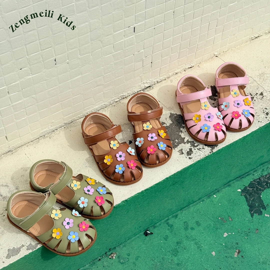 ZML 女童女凉鞋夏季宝宝花朵清新镂空包头鞋3-12岁软底魔术贴儿童