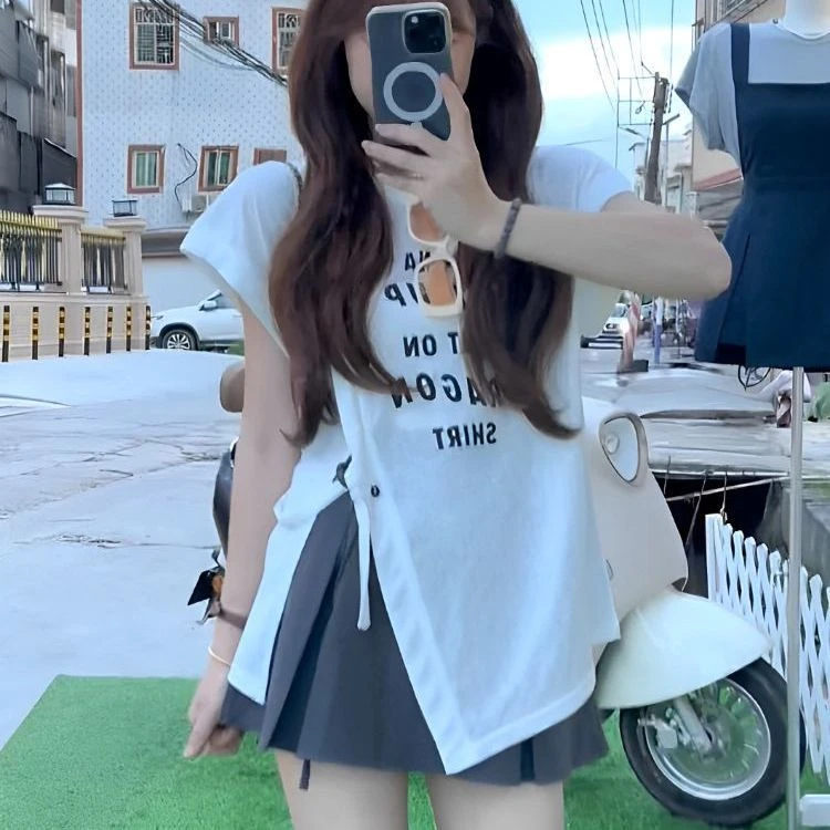 大码字母印花开叉短袖t恤女2025夏季新款宽松显瘦遮肚不规则上衣