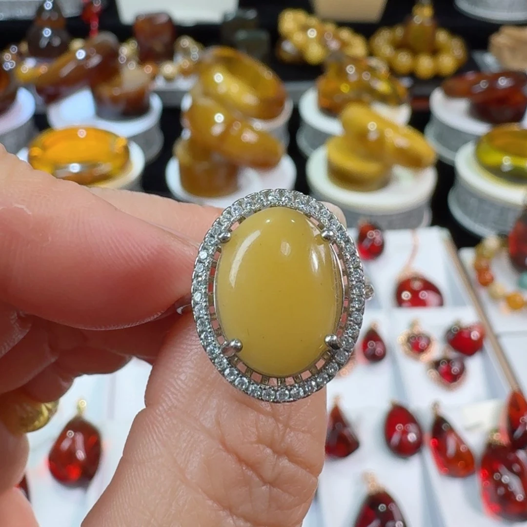 琥珀裸石银S925镶嵌天然缅甸蜜蜡戒指