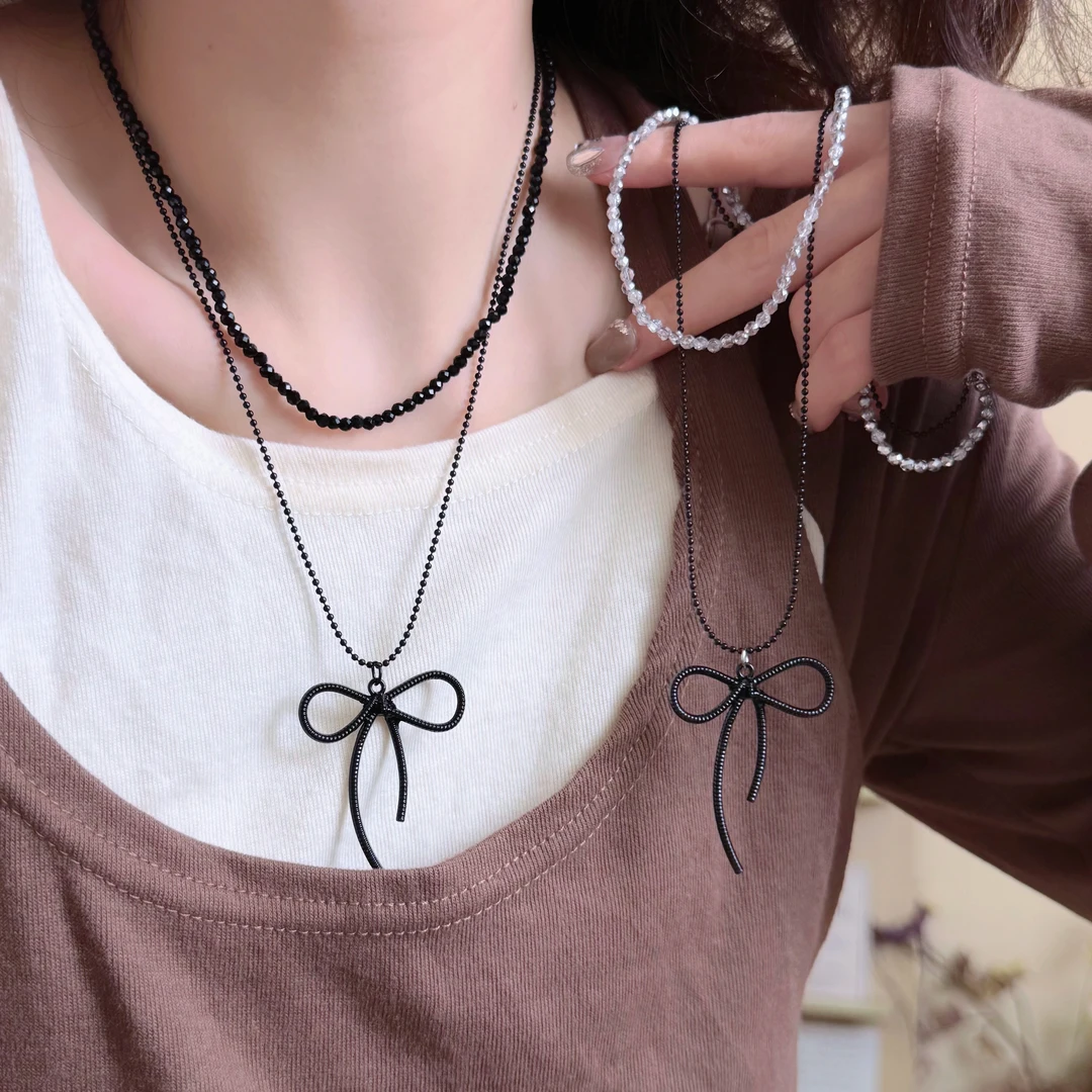 铜项链 轻奢蝴蝶结吊坠串珠双层项链时尚优雅气质高级感锁骨项链