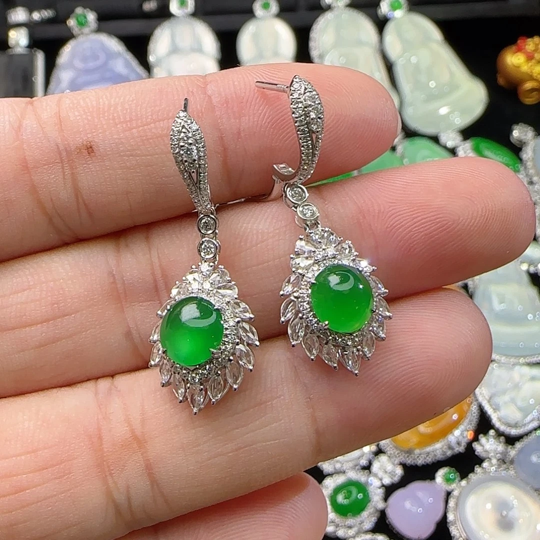 翡翠18K金镶嵌耳饰天然翡翠