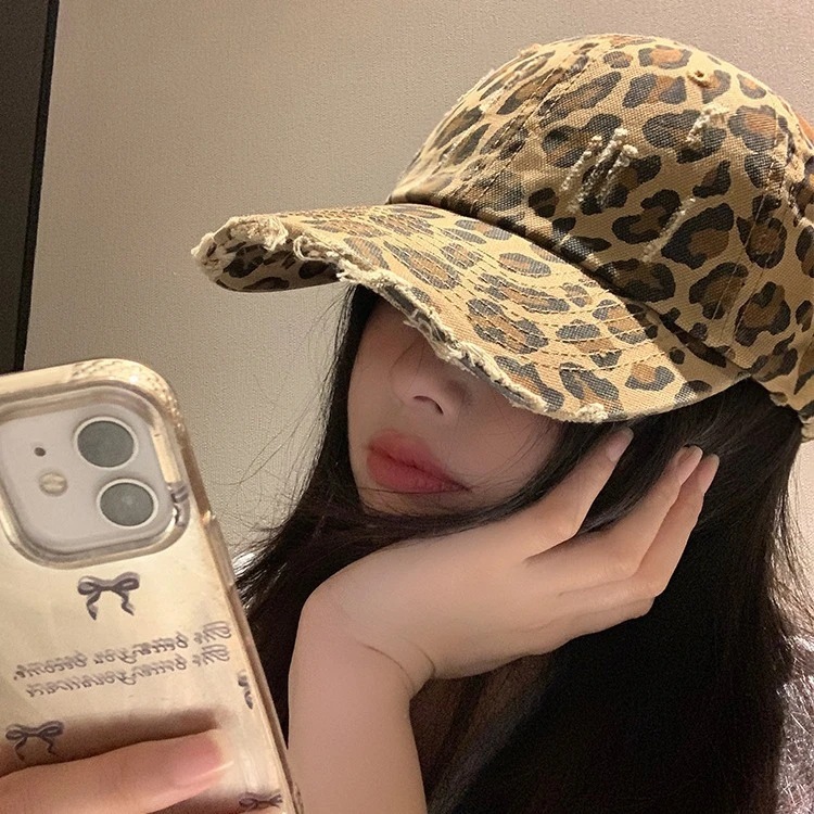 潮流时尚豹纹棒球帽子女街头潮酷个性复古做旧美式宽檐遮阳鸭舌帽
