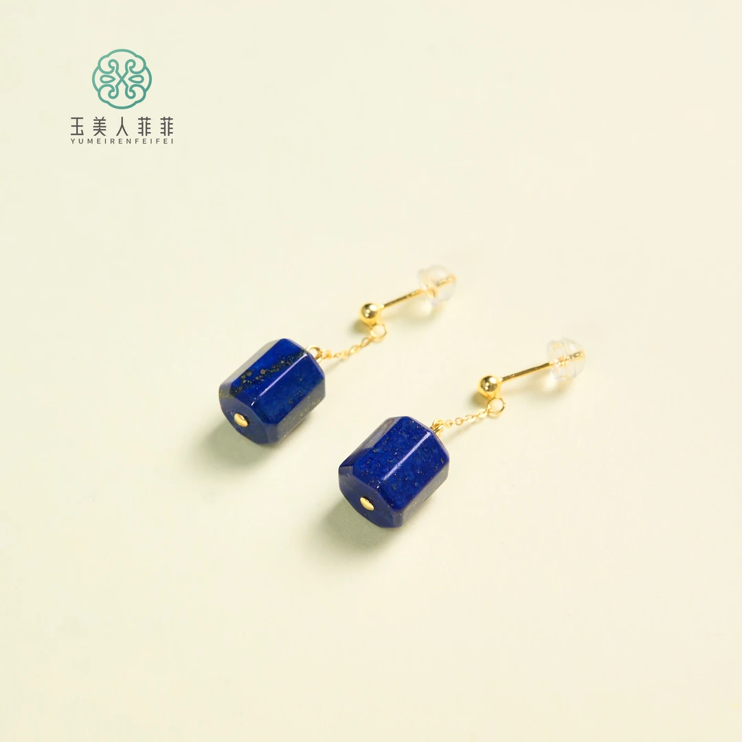 石惑珠宝/青金石耳环-桶珠耳环约10mm