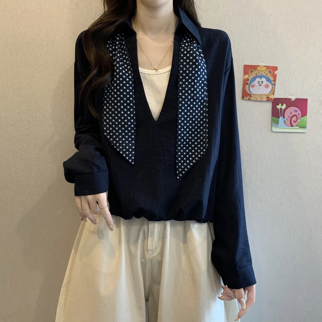 设计感假两件长袖衬衫女秋季大码微胖mm宽松遮肚子不规则显瘦上衣