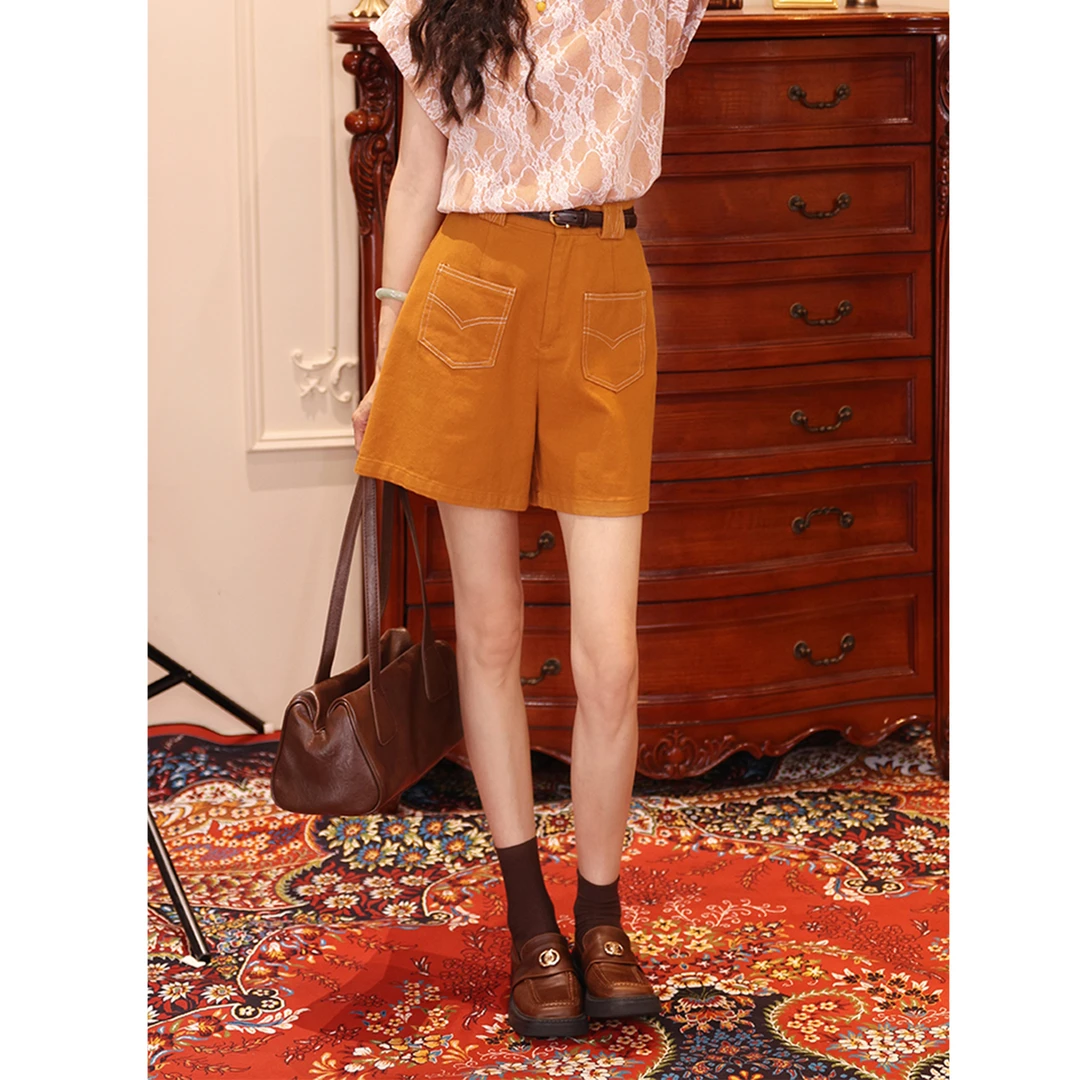 陈佳洁【港岛日落】复古夏季休闲女款显瘦短裤宽松高腰裤子JN032432