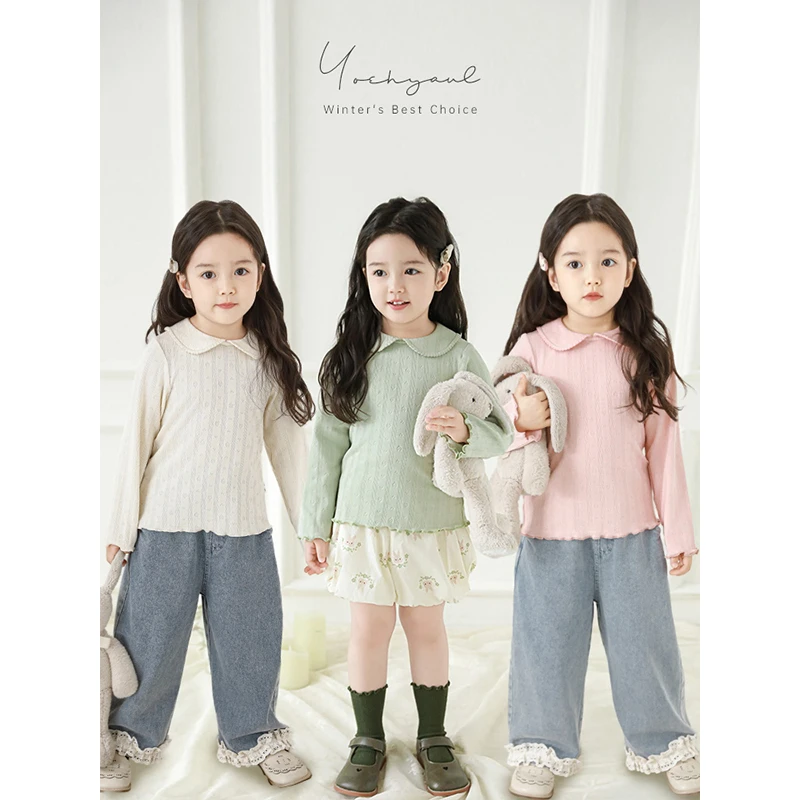 YOEHYAUL/幼悠幼悠【花边曲牙】春贰波韩版女童翻领打底衫潮C3089-1