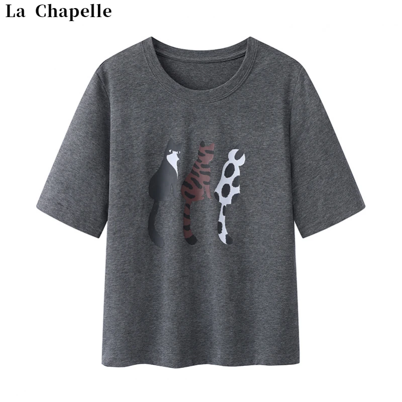 La Chapelle/拉夏贝尔2025春夏季新款磨毛中袖玩趣小猫印花T恤女