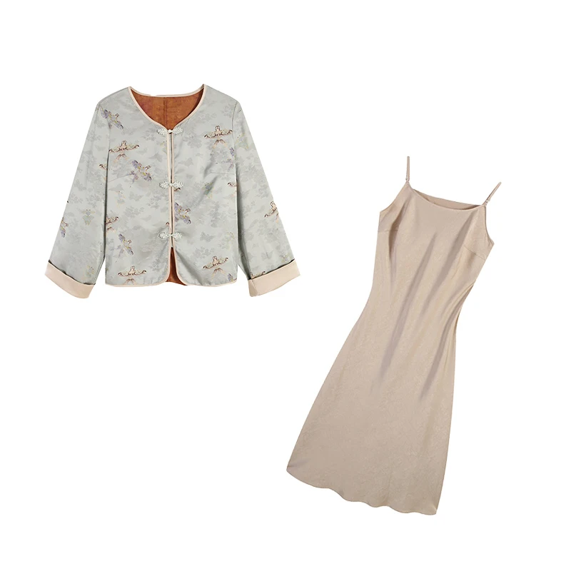 五季家/【燕归秋】绿色上衣+香槟色吊带裙两件套ZL109832+ZL104206