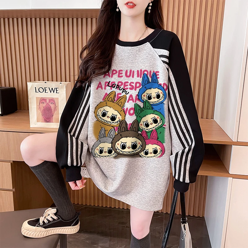 趣味卡通加绒加厚卫衣女2025秋冬季爆款oversize慵懒风三条杠上衣