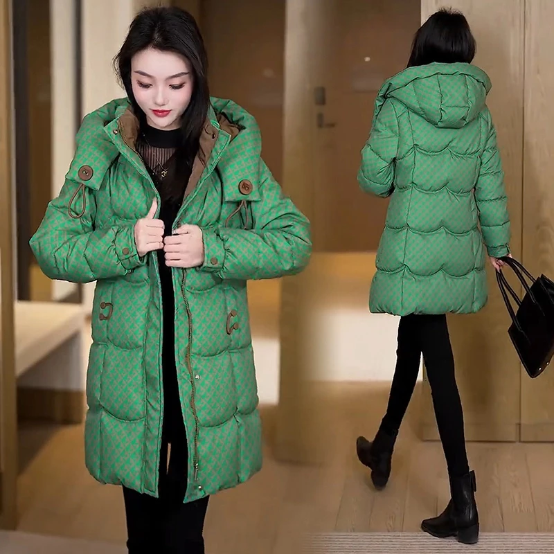 时尚中长款棉衣女款2025冬季新款洋气显瘦加厚保暖连帽棉服外套潮