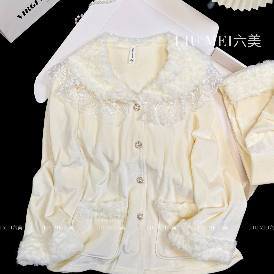 苏糖甜美毛毛秋冬新款海岛绒小香风蕾丝气质娃娃领长袖厚款家居服