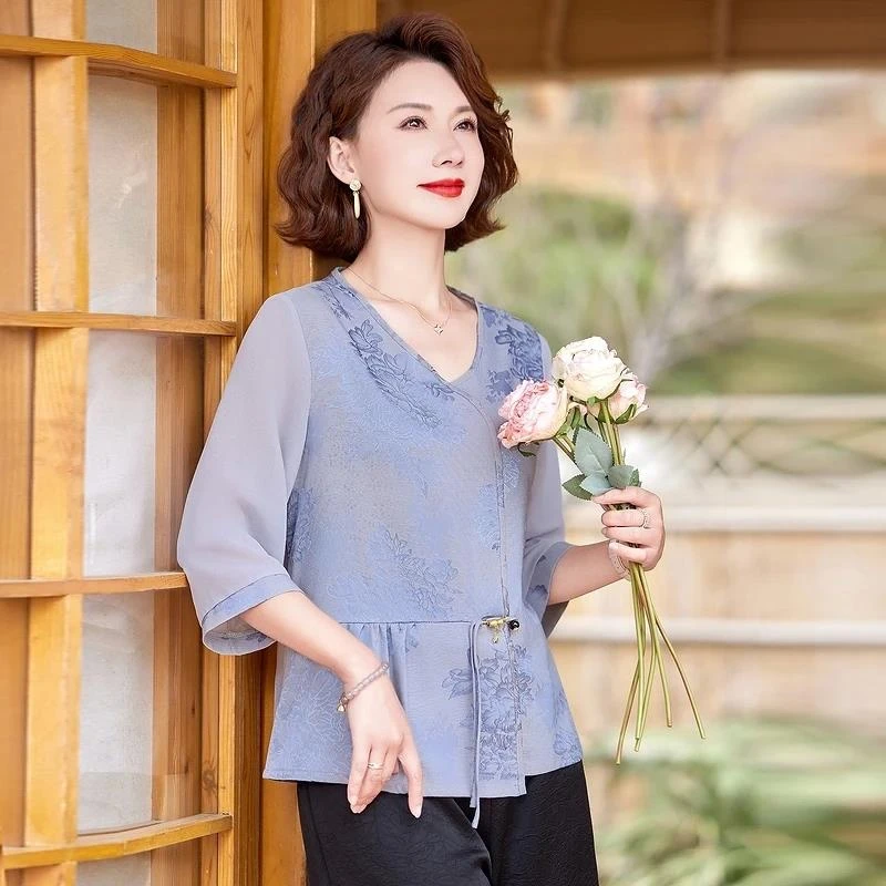 皮尔卡丹中年妈妈夏装国风衣服短袖小衫2025新款洋气中老年宽松新