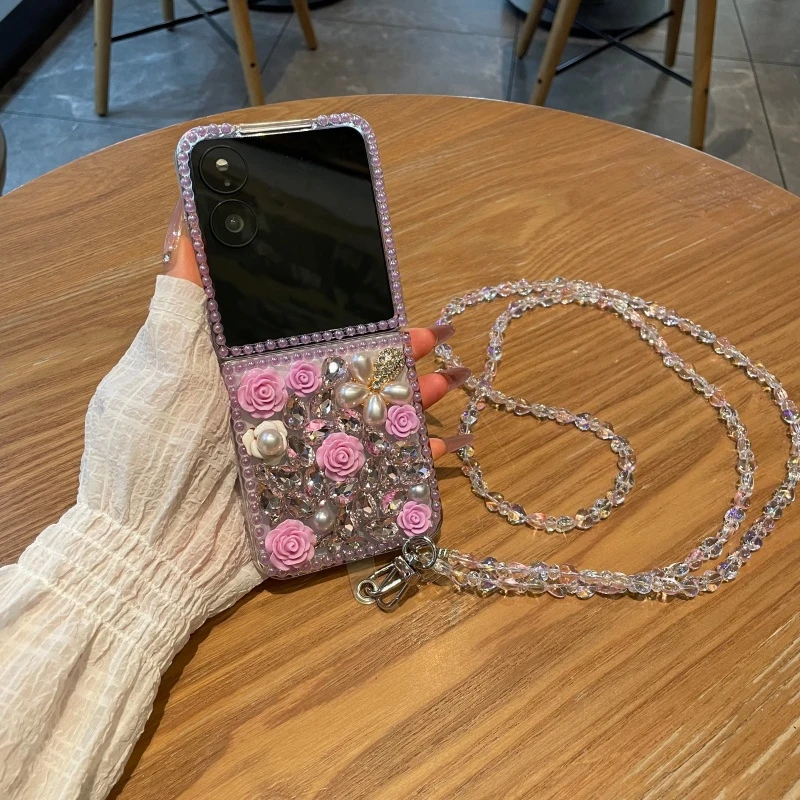 适用于小米mixflip2手机壳彩绘粉色满钻玫瑰华为pocket2折叠外壳