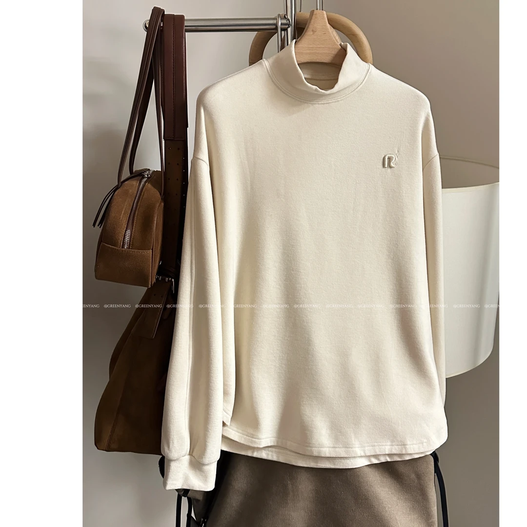 老羊家~字母刺绣立领德绒打底衫女2025年秋冬宽松显瘦T恤加厚保暖