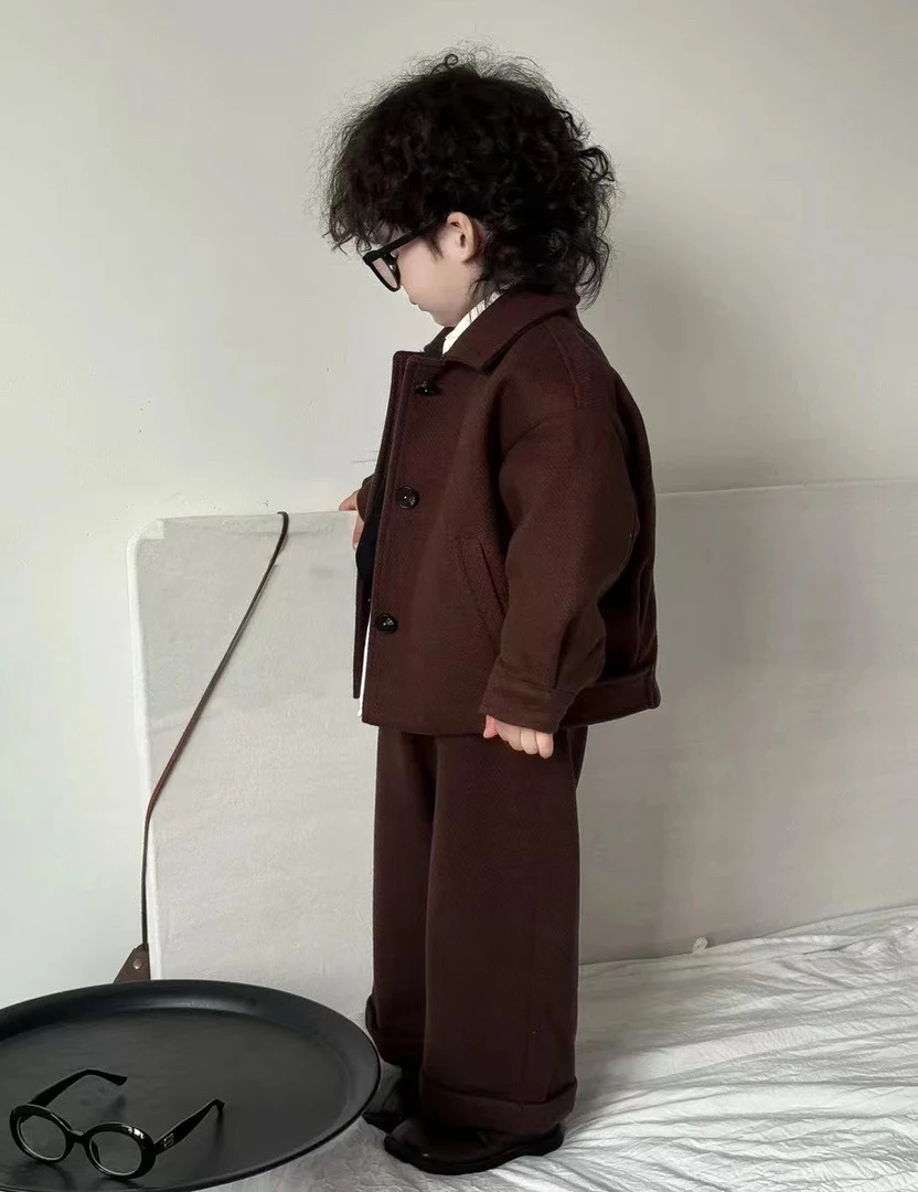 套装冬季单排扣男女毛呢大童连帽男童秋冬休闲韩版