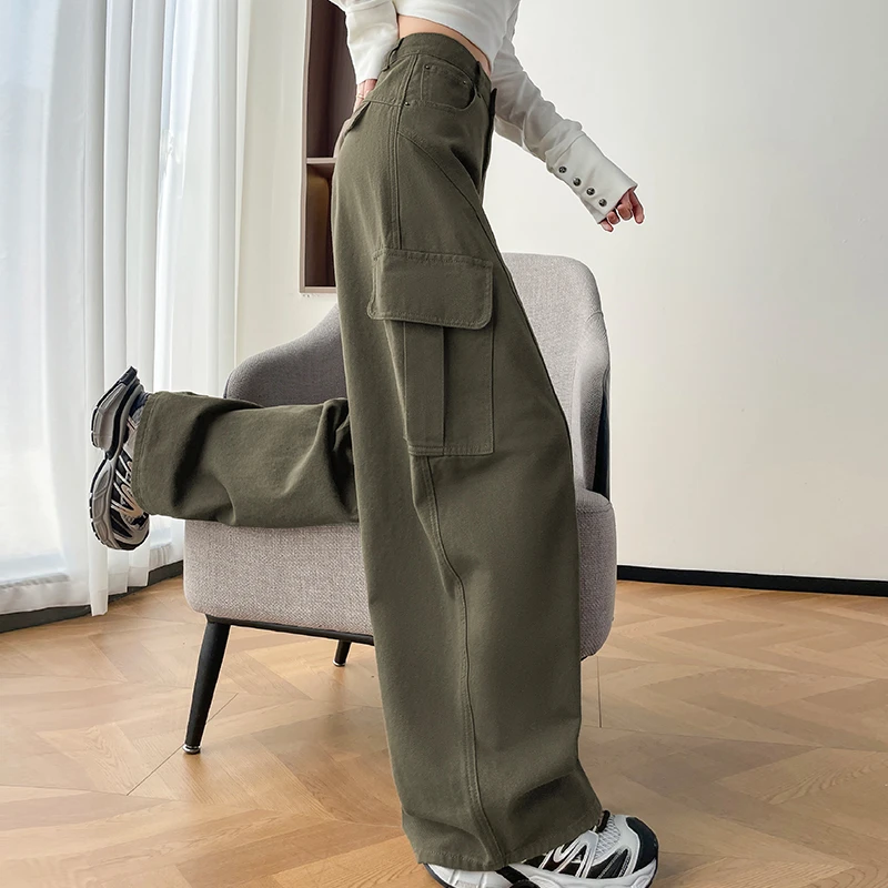 军绿色美式工装牛仔裤女2025秋超火梨型穿搭宽松遮腿型阔腿香蕉裤