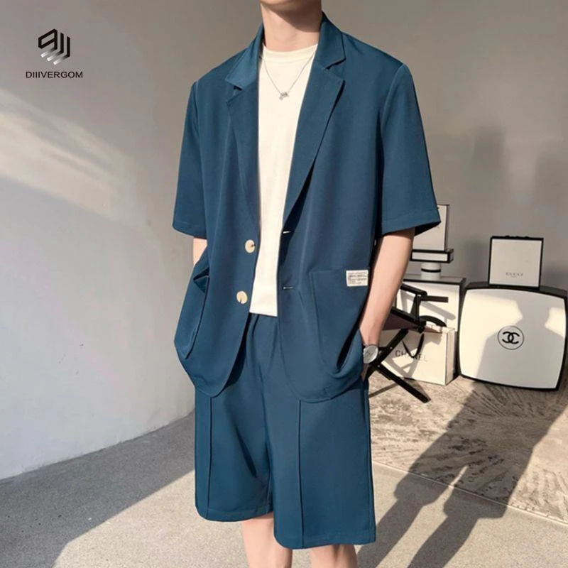 DIIIVERGOM高级感痞帅潮牌休闲加肥加大短袖短裤冰丝西服套装男装
