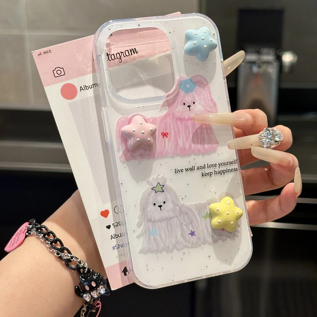 日韩ins泼墨小狗星星适用苹果16手机壳iPhone华为P70vivo小米oppo