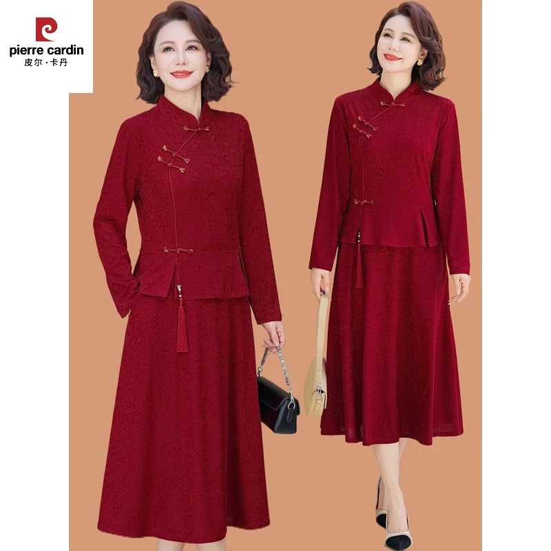皮尔卡丹新中式喜婆婆礼服平时可穿妈妈秋装婚宴假两件裙子中老年