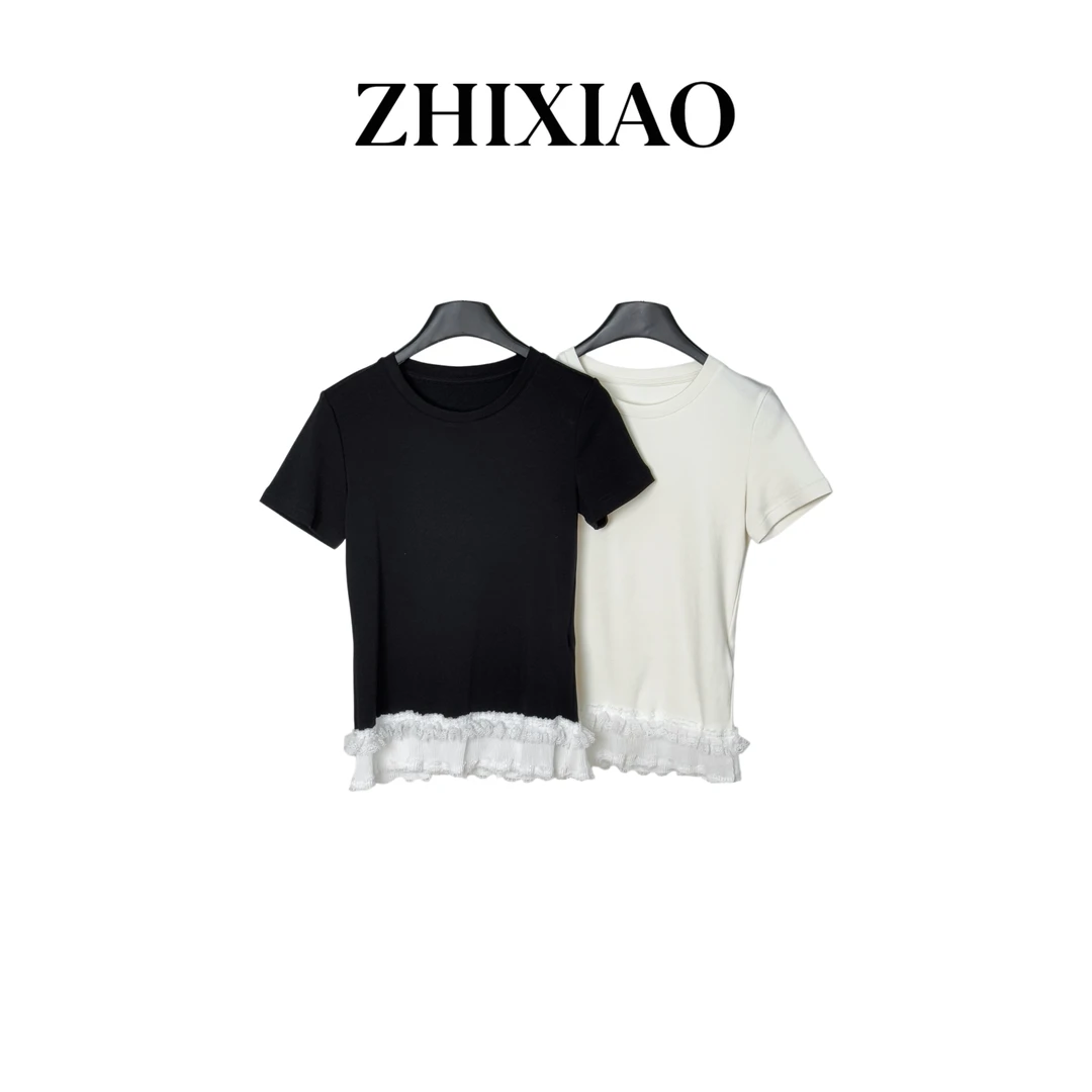 【ZHIXIAO】春季新款：下摆蕾丝短袖35235