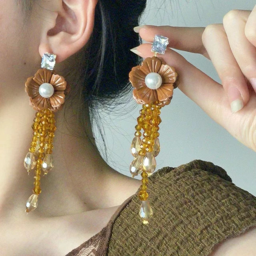 铜合金锆石耳饰 法式复古花朵流苏耳环森系田园风轻奢高级感优雅