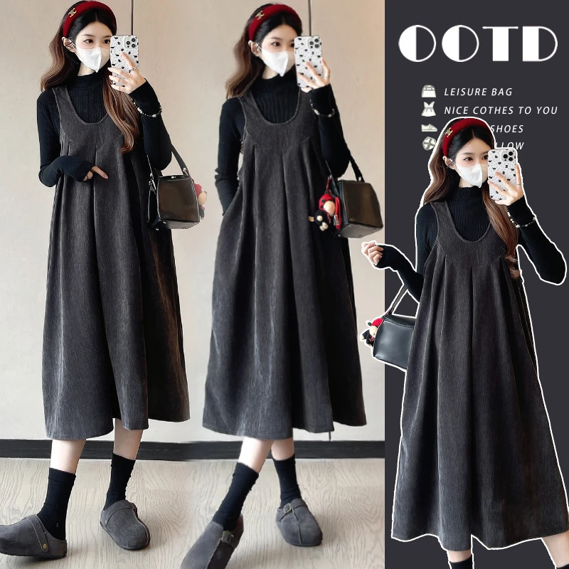 【顾清颜】2025秋冬新款洋气孕妇装打底衫背带裙显瘦时尚孕妇连衣裙