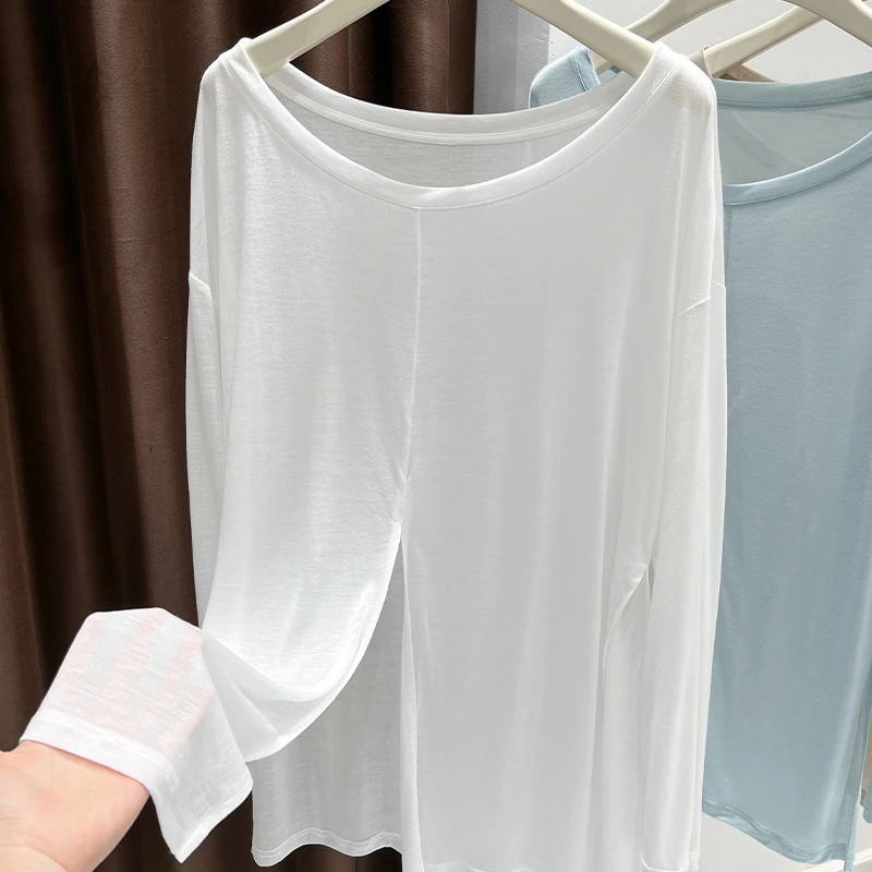 2025夏季爆款白色宽松开衩大圆领长袖上衣女薄款外搭防晒T恤罩衫