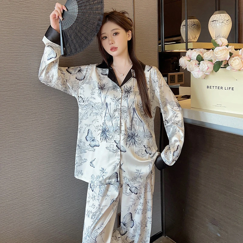 【女明星】女士睡衣开衫韩版水墨蝴蝶翻领长袖长裤两件套