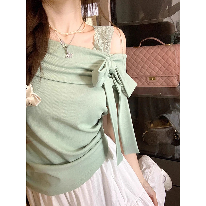 新款纯欲风不规则蝴蝶结短袖T恤女夏季新款设计感小众一字肩上衣