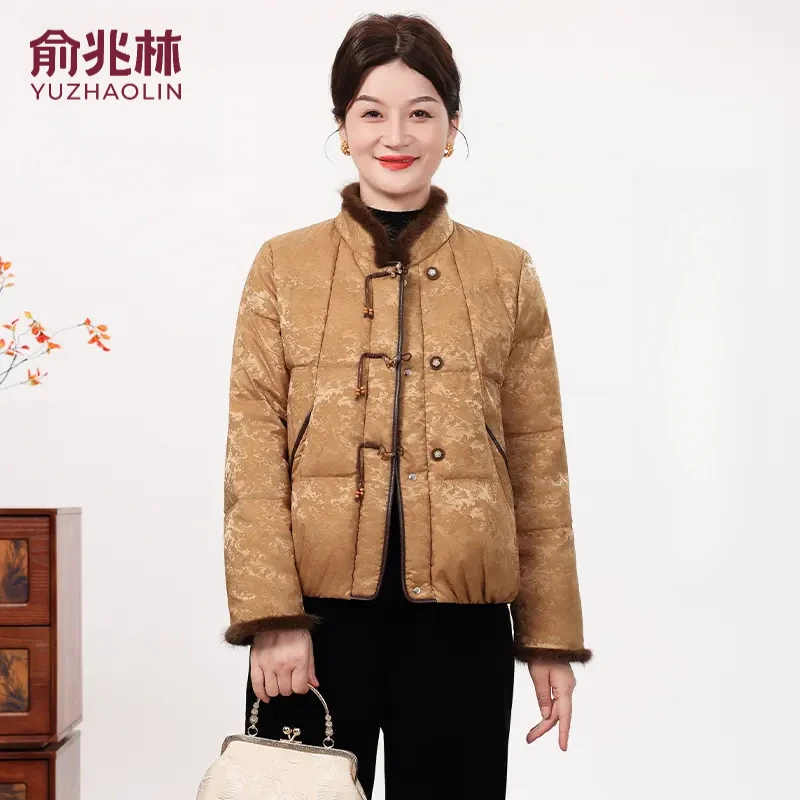 俞兆林2025中老年妈妈冬季短款羽绒棉服时尚立领水貂毛国风冬棉袄