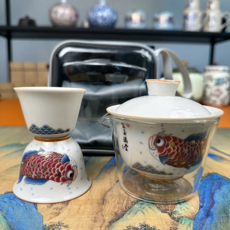 盖碗龙鱼两杯便携式旅行茶具户外简易功夫泡茶壶茶杯快客杯8-03