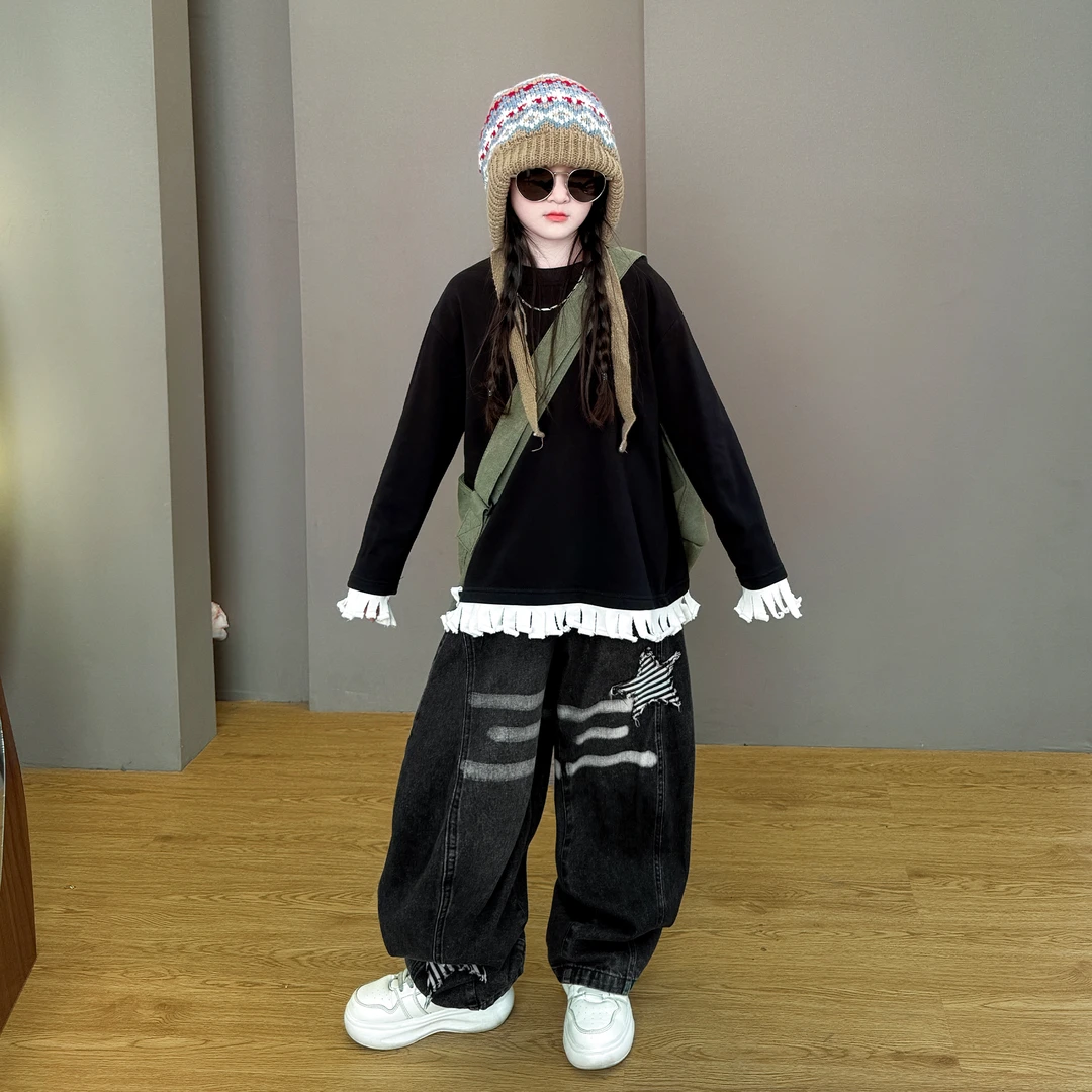 女童2025新款韩系穿搭休闲宽松简约百搭卫衣阔腿牛仔裤两件套潮酷