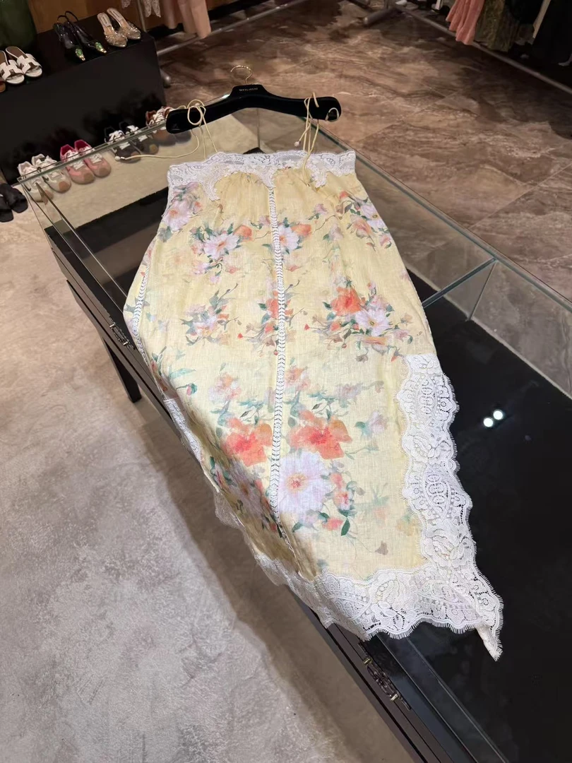 WW2025新款女士黄色蕾丝碎花吊带连衣裙W201202