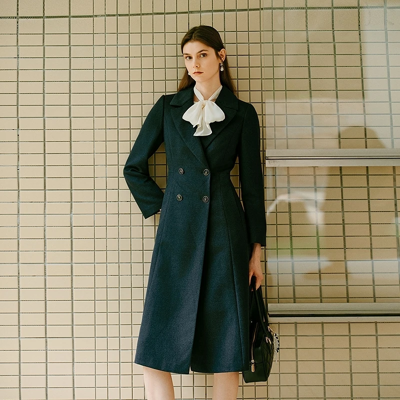 复古100%羊毛双排扣毛呢大衣25年赫本风系带秋冬外套MOGD04WLC040