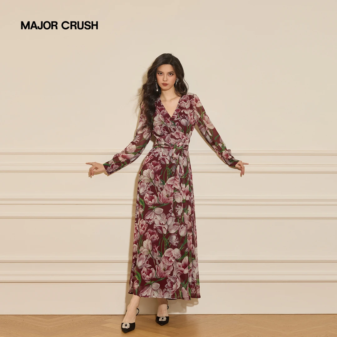 MAJOR CRUSH新款郁金蝶舞连衣裙老钱风碎花连衣裙收腰显瘦2709-1
